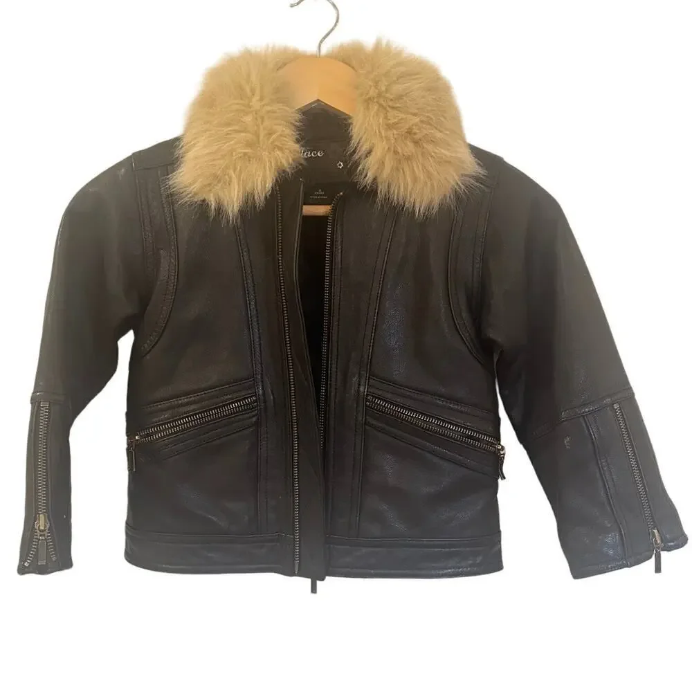 Black Leather Bomber Jacket sz S (5/6) Faux Fur Removable collar 100% leather